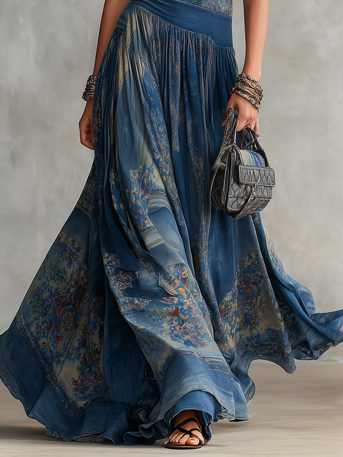 Granatowa boho sukienka maxi bez rękawów