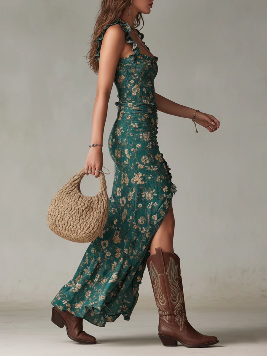Boho Zielona Sukienka Maxi z Falbankowymi Rękawami