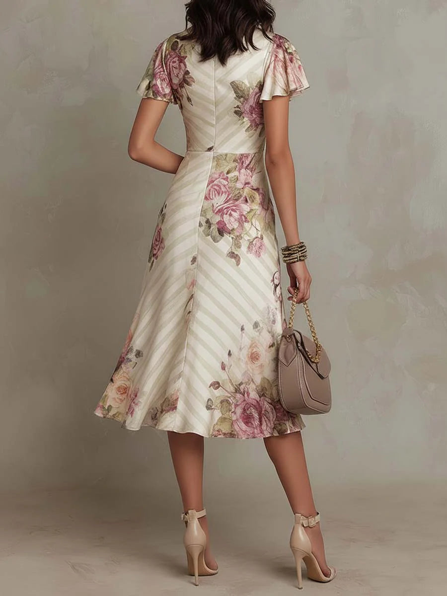 Elegancka vintage sukienka midi w kwiaty z satyny