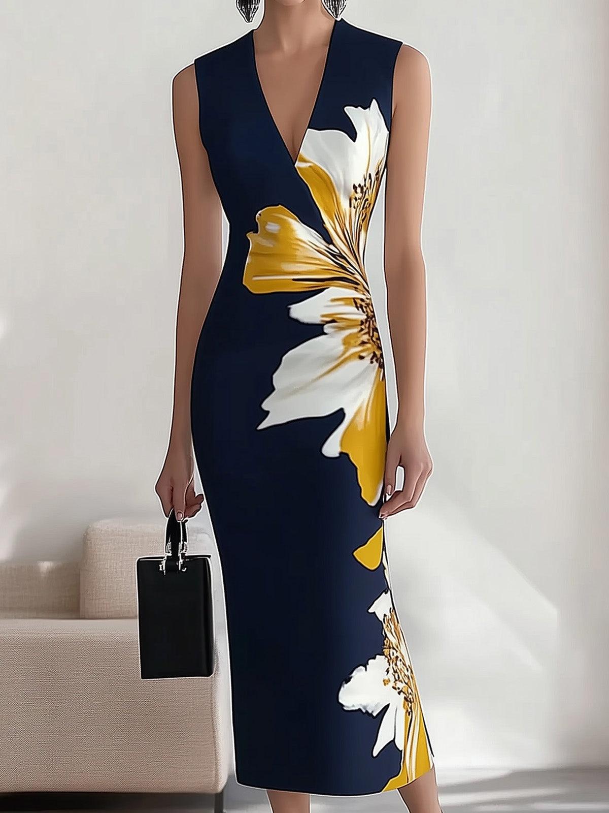 Elegancka Midi Sukienka na Przyjęcie w Miejscu Pracy z Wzorem