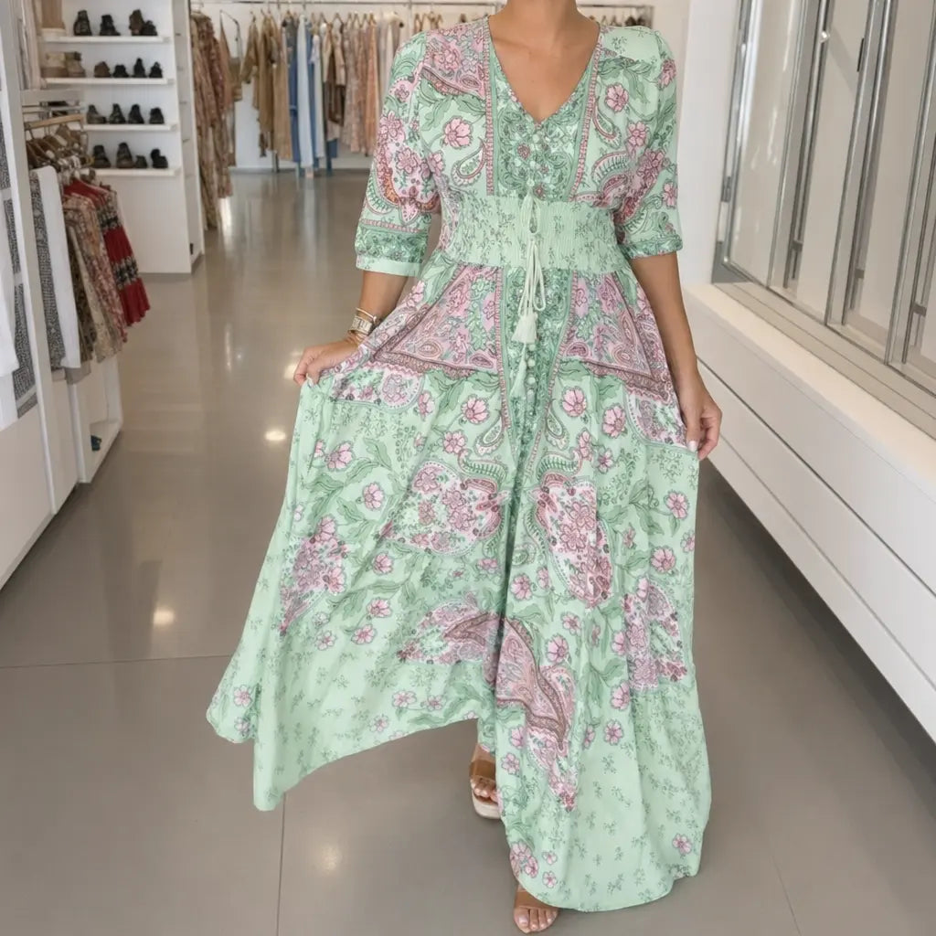 Aisha – sukienka maxi z orientalnym nadrukiem paisley