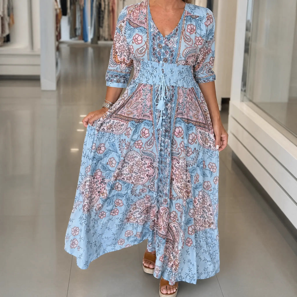Aisha – sukienka maxi z orientalnym nadrukiem paisley