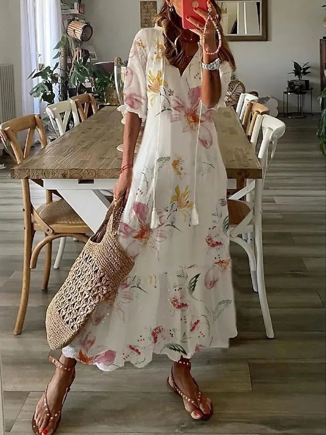 Casual Luźna Sukienka Maxi z Dekoltem w Serek