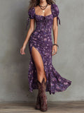 Boho Smocked Kwiatowa Sukienka Midi z Bufiastymi Rękawami