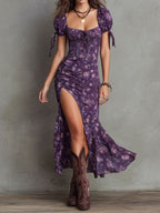 Boho Smocked Kwiatowa Sukienka Midi z Bufiastymi Rękawami