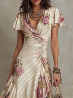 Elegancka vintage sukienka midi w kwiaty z satyny