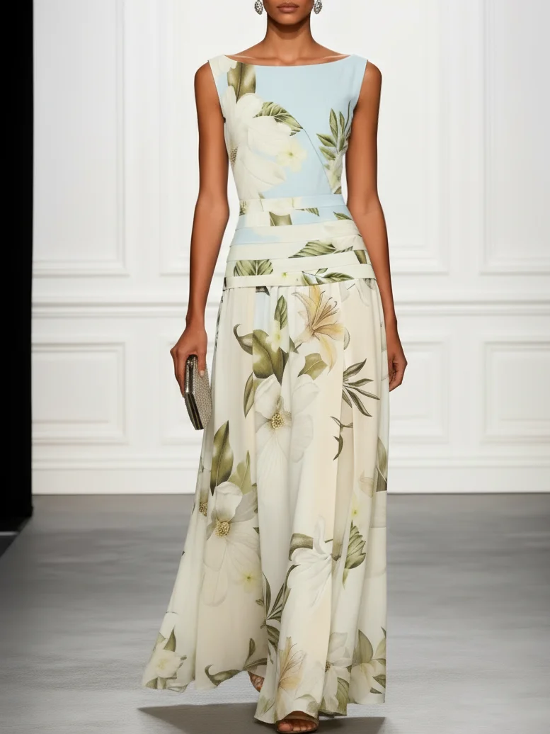 Niebieska i biała kwiatowa sukienka maxi bez rękawów z falbanami przy dekolcie