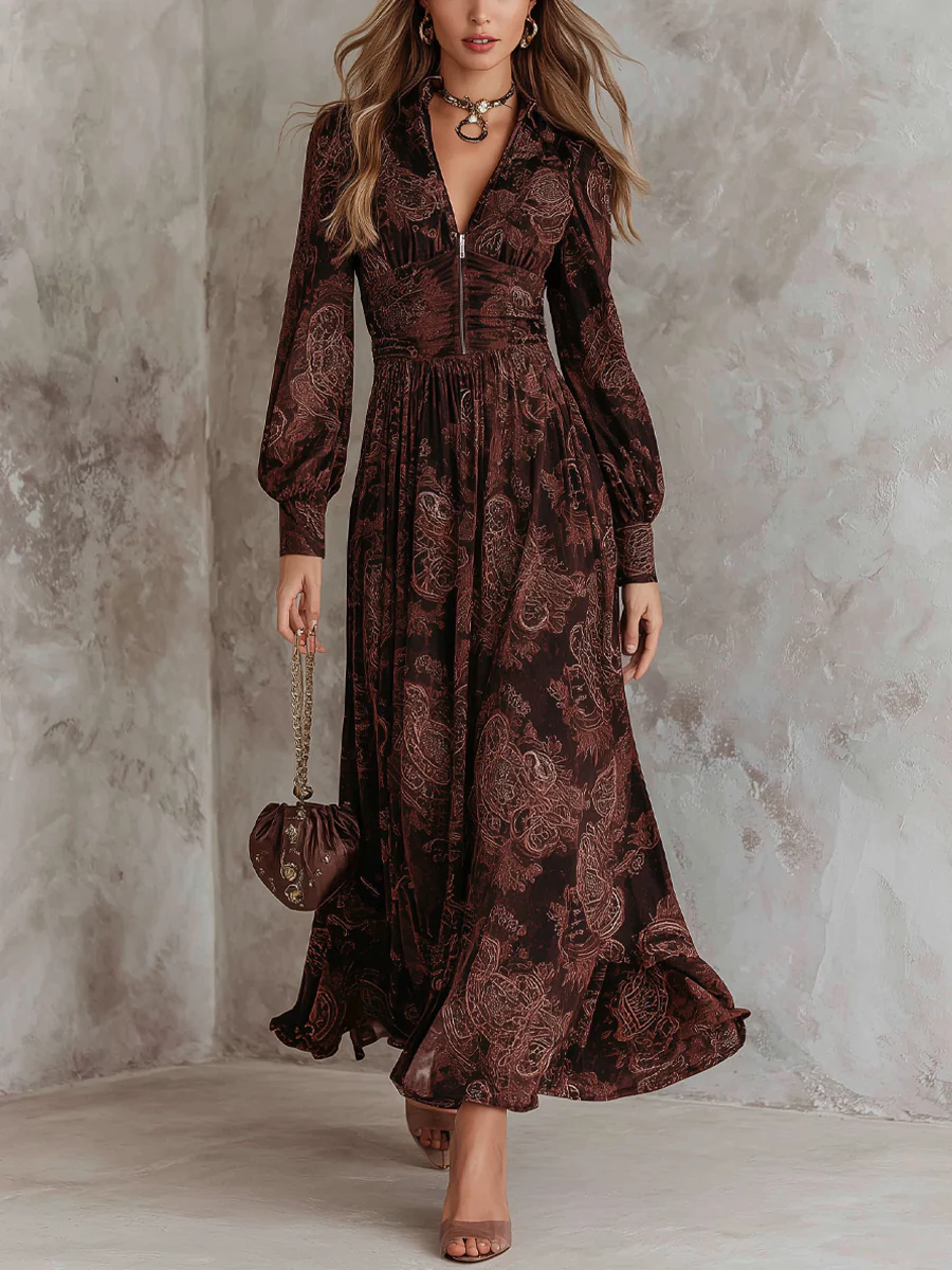 Brązowa Sukienka Maxi z Zapięciem w Stylu Paisley