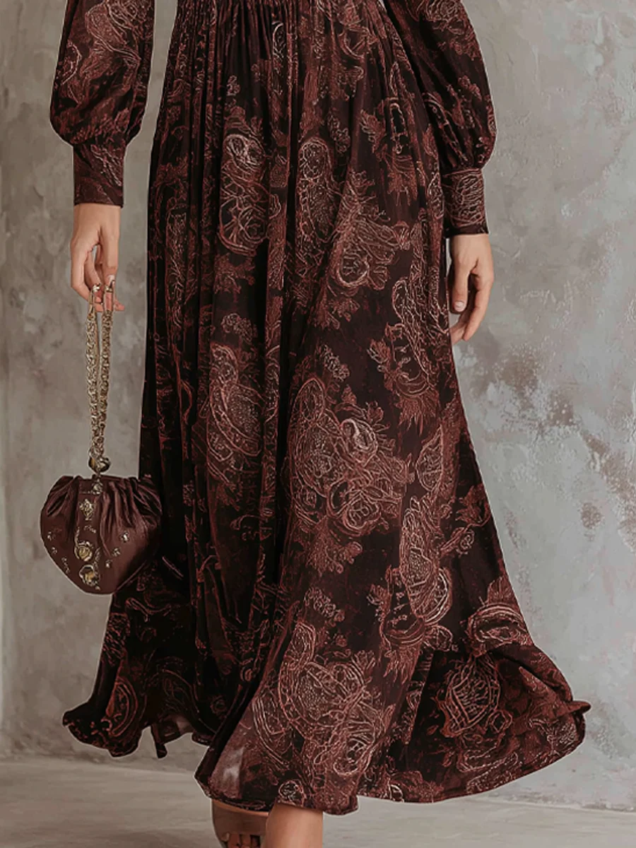 Brązowa Sukienka Maxi z Zapięciem w Stylu Paisley