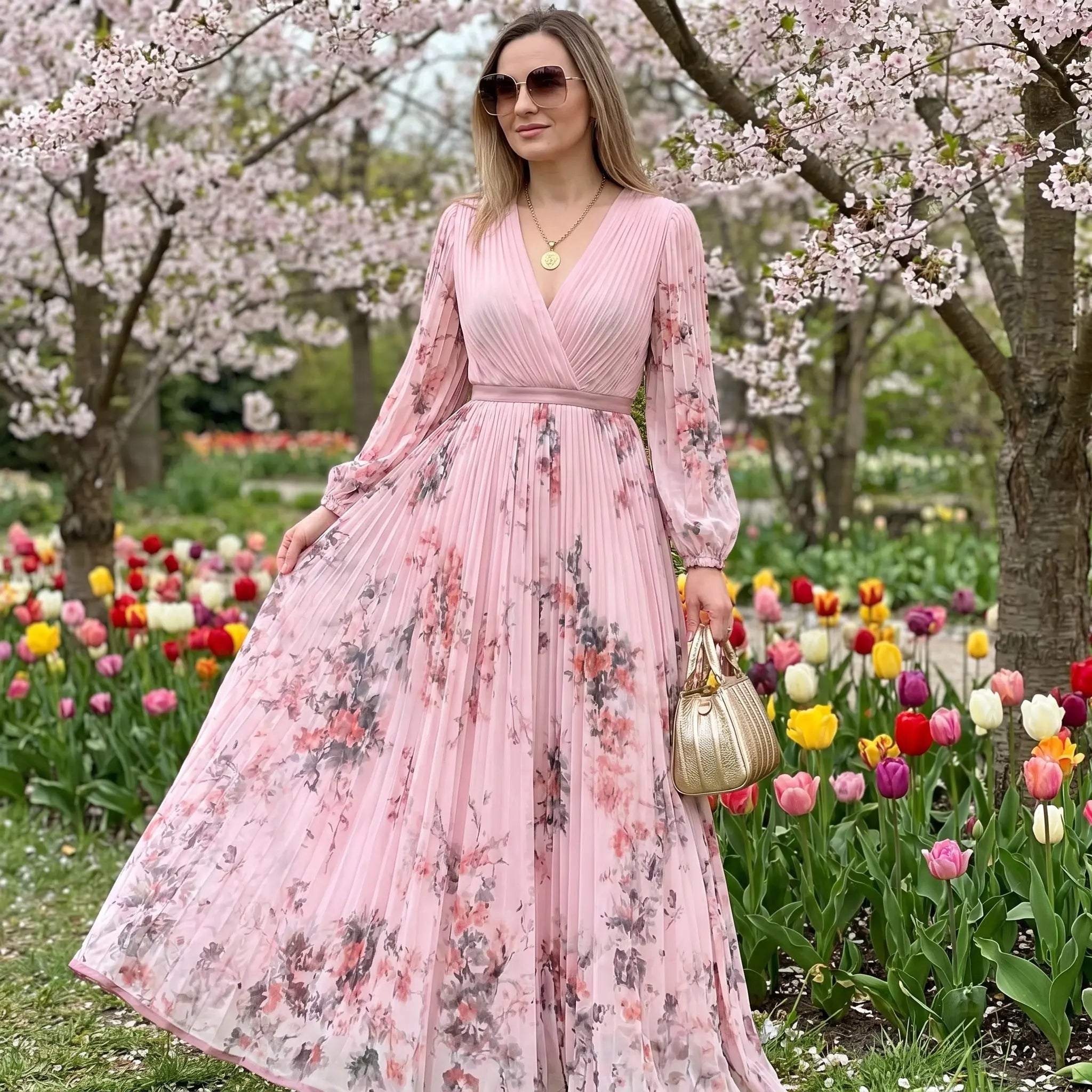 Floriana – plisowana sukienka maxi w kwiaty