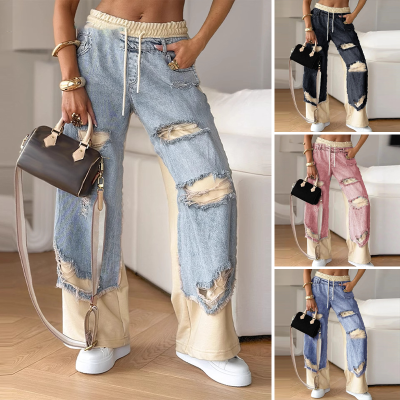 Ellen spodnie jeansowe z szerokimi nogawkami i elastyczną lamówką w stylu Patchwork